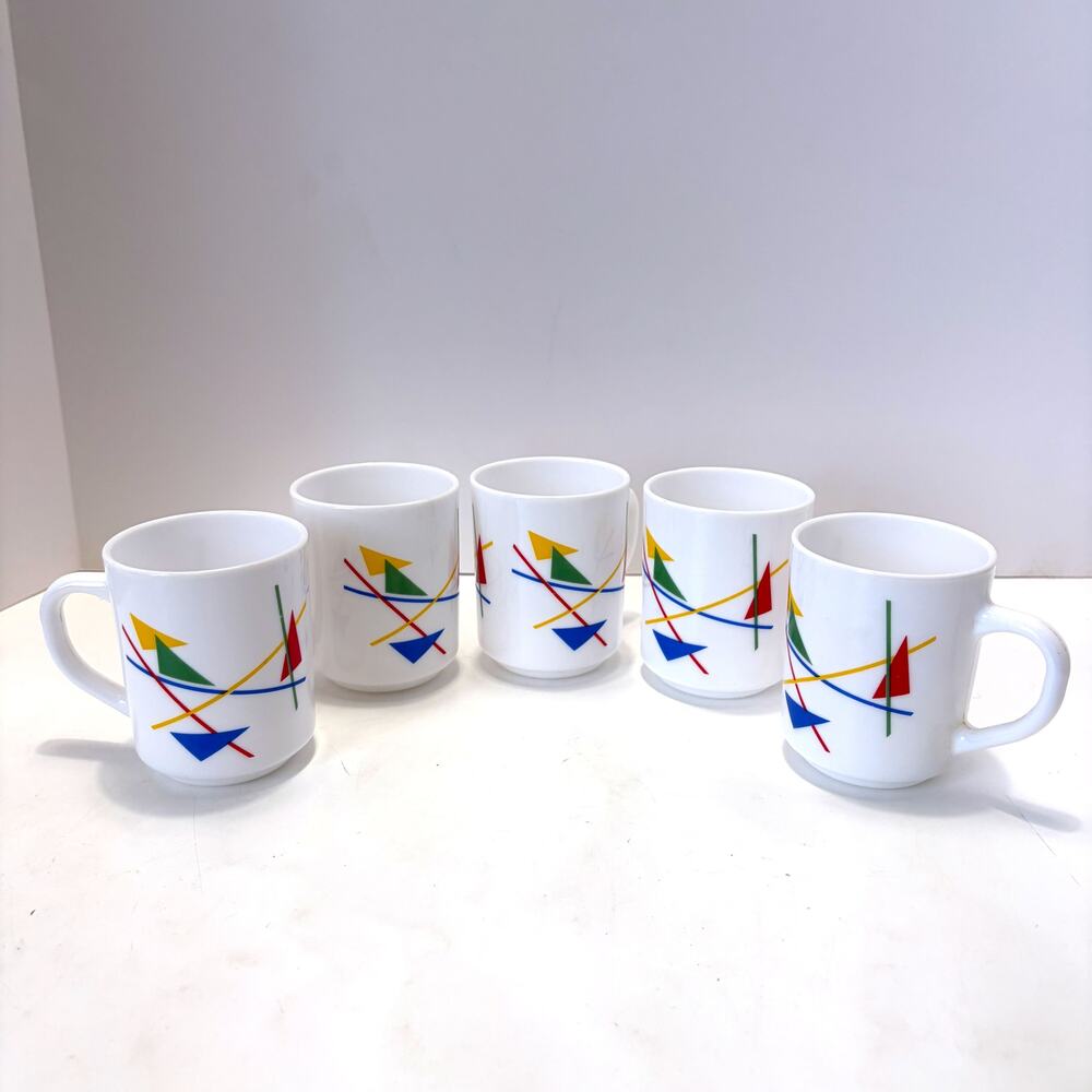 Vintage 1980s Arcopal France Milk Glass Mugs Set of 5 Geometric Retro Cups